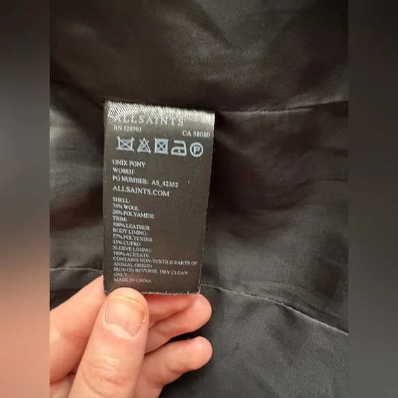 AllSaints Onix Pony Black Wool Coat Tailored Straight Coat Leather Trim Size 2 - Picture 7 of 14